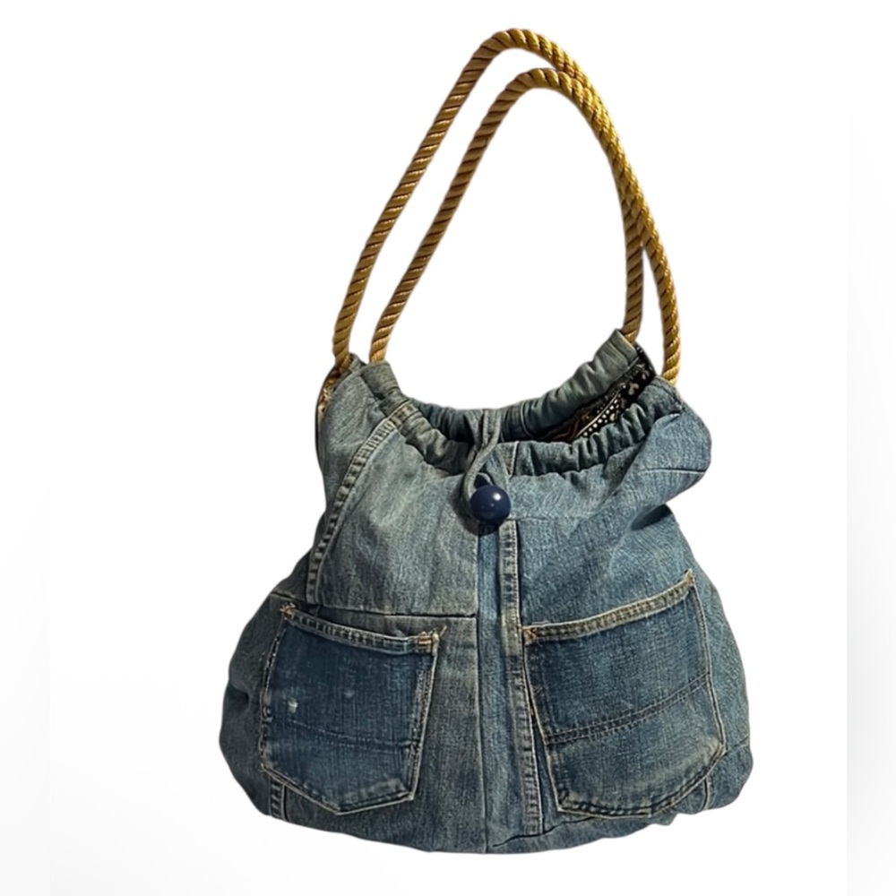 Denim Hobo Bag with Rope Handles GUC (See pictures for callouts) Boho Retro Y2K